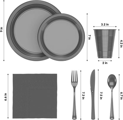 350 Pcs Black Plastic Plates For Party, Black Disposable Plates Set, 50 Of Each 9" Dinner Plate Set, 7" Dessert Plate, Cups, Napkins & Cutlery Plastic Dinnerware Set Exquisite