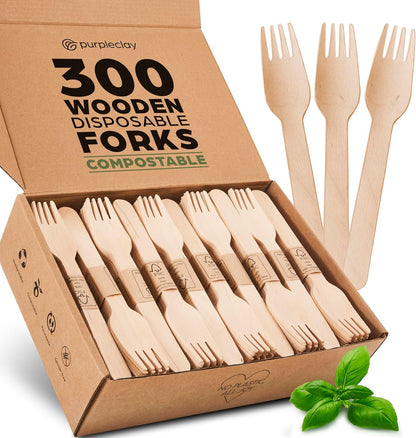 PURPLECLAY Wooden Disposable Utensils Set, 360 PCS Compostable Silverware (120 Forks, 120 Spoons, 120 Knives) Eco Friendly, Plastic-Free Cutlery for Parties & Catering, Alternative to Bamboo Utensils