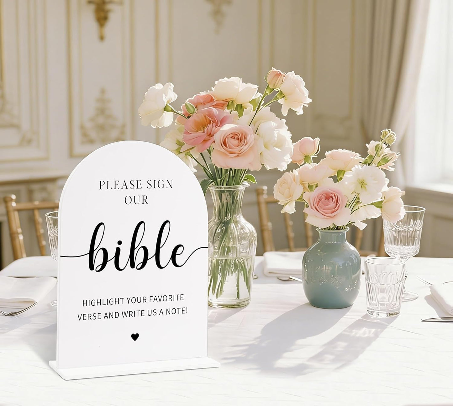 Sign Our Bible Wedding Sign, White Acrylic Wedding Guest Book Sign, Bridal Shower Decor, Elegant Arch Acrylic Table Top Signs for Reception Marriage Engagement Party Decorations