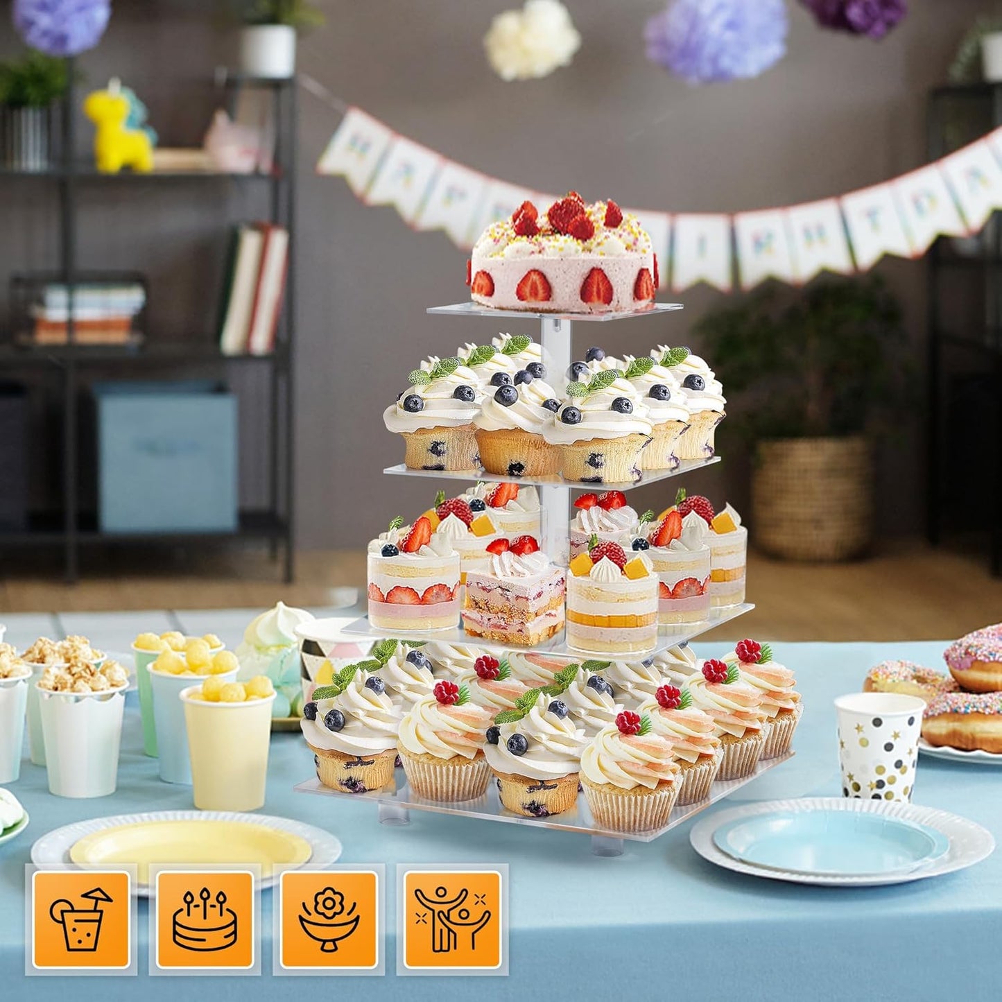 Cupcake Stand, 4 Tier Cupcake Stand for 50 Cupcakes, Square Tiered Cupcake Tower, Clear Acrylic Cupcake Holder, Dessert Stands for Party, Wedding, Birthday, Baby Shower, Halloween