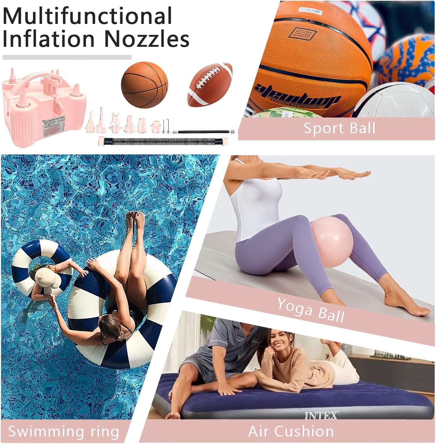 4-in-1 Electric Balloon Pump for All Balloons, Inflatables, and Sports Balls, Portable High Power Triple Inflating Ports for Latex Foil 260q Mylar Balloon