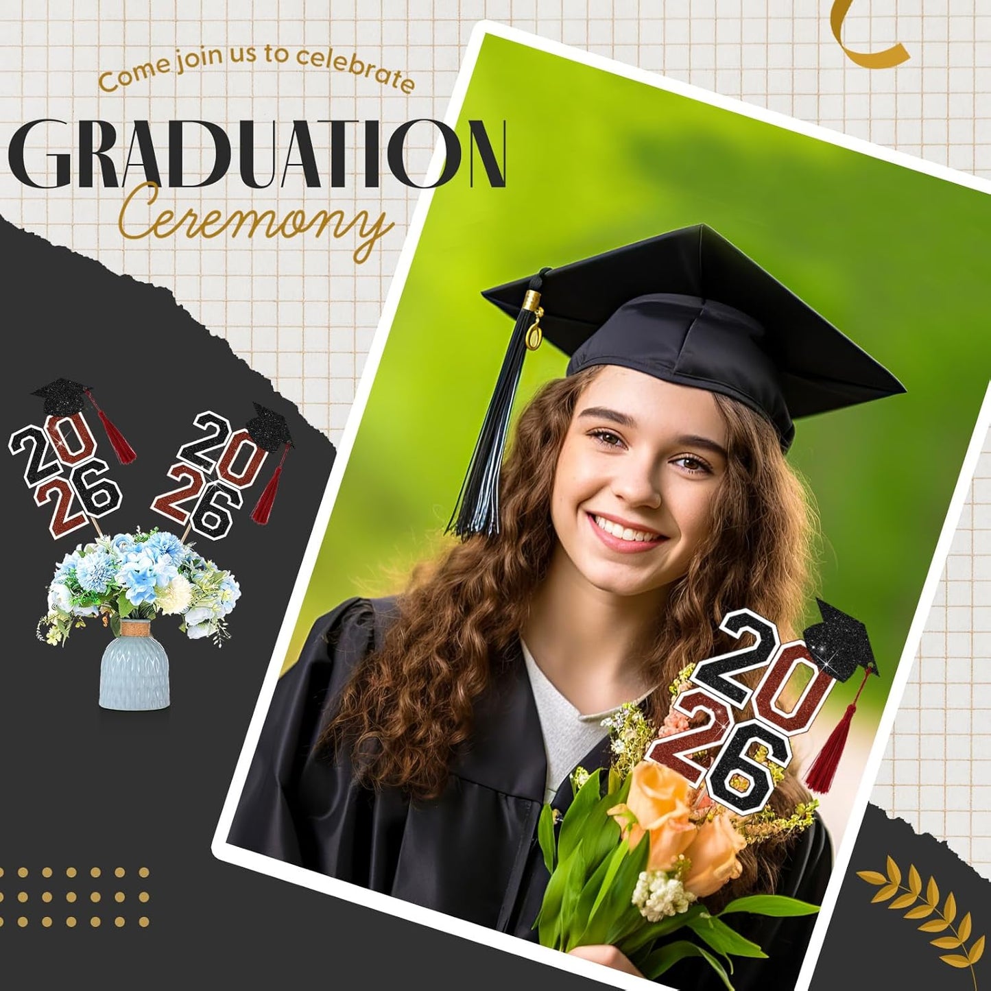10 Pcs Graduation Table Centerpieces Sticks with Tassels, class of 2026 Grad Cap Picks Table Decoration Cupcake Toppers for Party Centerpiece Decoration Supplies(Blue and Gold)