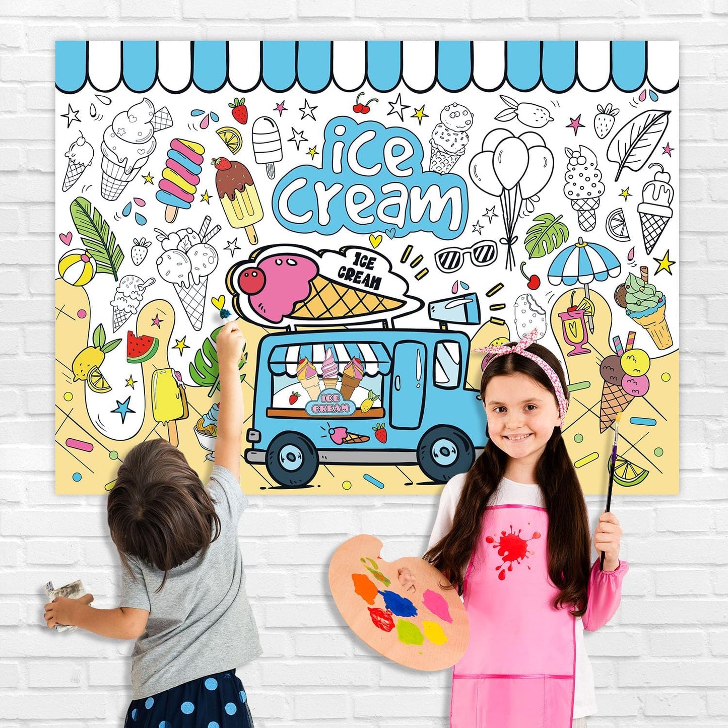 43.3x31.5 Summer Coloring Poster with Picture, Giant Cute Painting Poster, Large Coloring Tablecloth for Classroom Home Birthday Party Supplies Favor