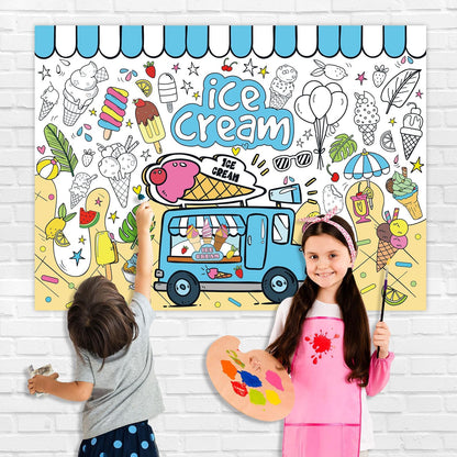 43.3x31.5 Summer Coloring Poster with Picture, Giant Cute Painting Poster, Large Coloring Tablecloth for Classroom Home Birthday Party Supplies Favor