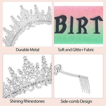 CURASA Birthday Tiara and Sash - Silver Birthday Crown for Women, Perfect for Parties and Celebrations