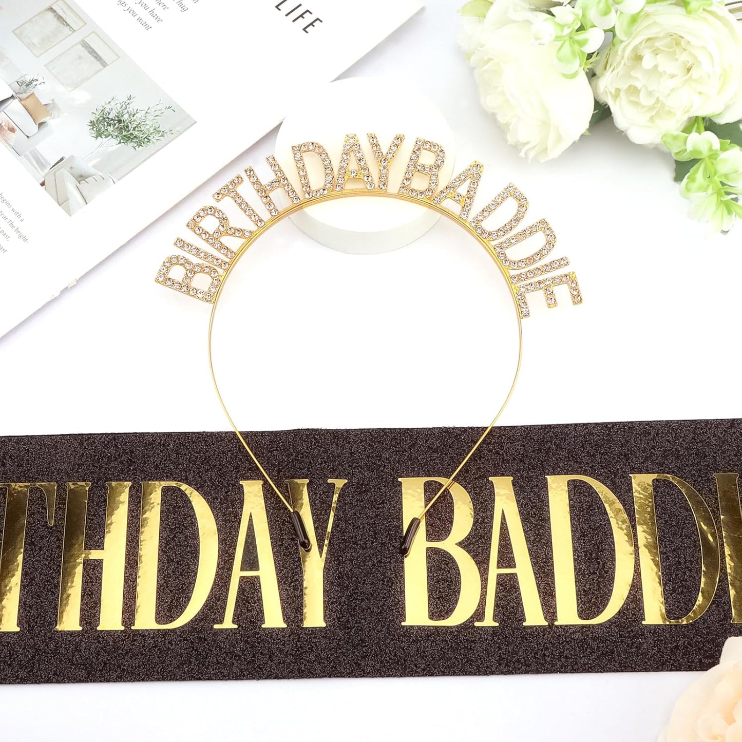 Aprince Birthday Baddie Sash and Tiara Crown for Women Girls Black Gold Happy Birthday Headband Accessiores Party Decorations