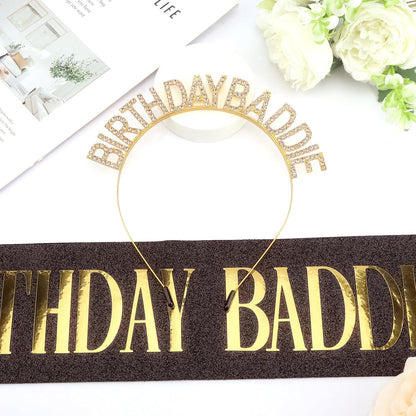 Aprince Birthday Baddie Sash and Tiara Crown for Women Girls Black Gold Happy Birthday Headband Accessiores Party Decorations