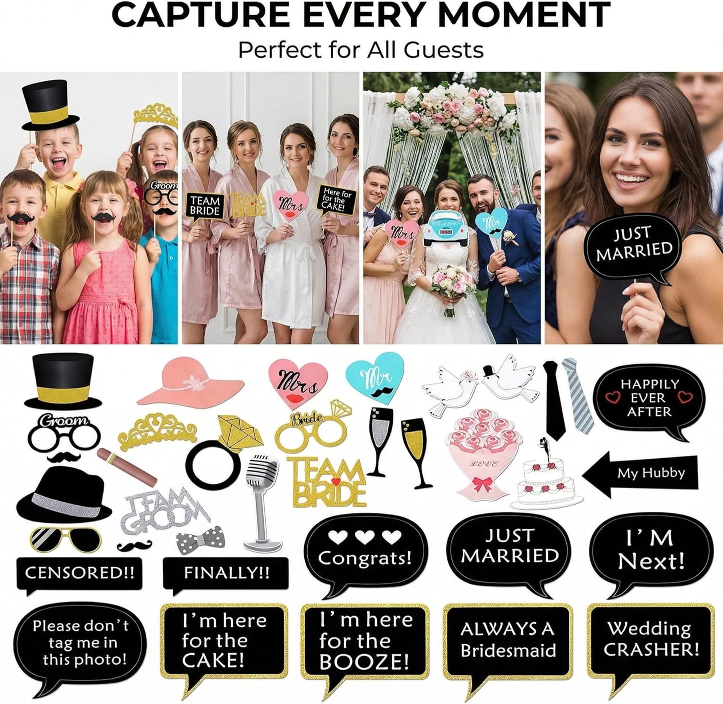 Kotbs 52pcs Wedding Photo Booth Props, Bachelorette Party Photo Booth Prop Kit for Bridal Shower, Engagement and Valentines Party, Photobooth Props Wedding Party Supplies