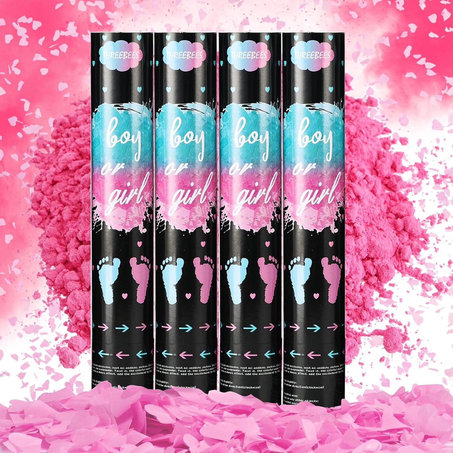 Gender Reveal Confetti Cannon, 4 Pack Biodegradable Confetti Paper with Cornstarch Powder, Confetti Blaster for Girl Gender Reveal, Party Poppers, Pink
