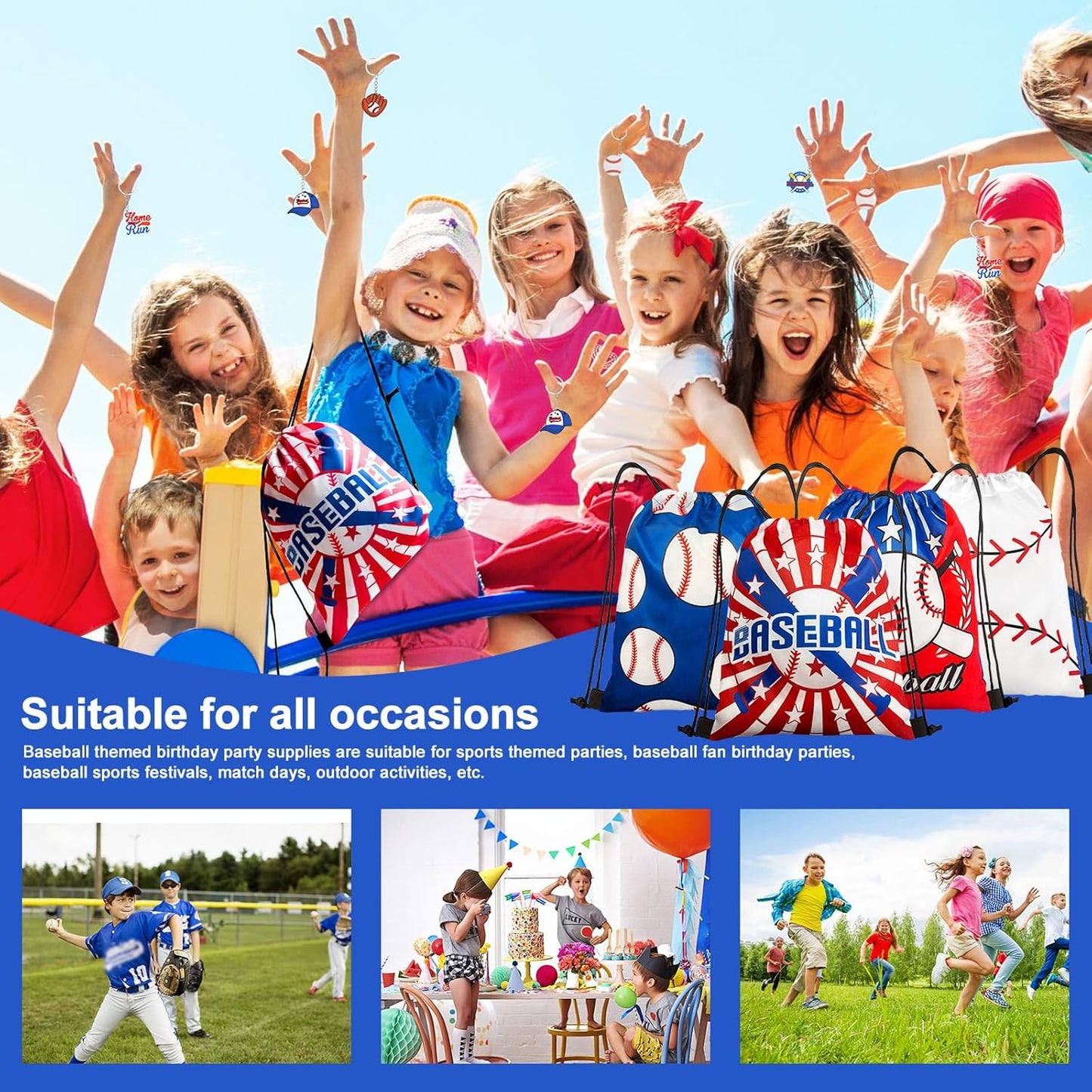 110Pcs Baseball Party Favors Drawstring Bags Baseball Goodie Bag with Mini Ball, Wristband, Slap bracelets, Keychains, Stickers for Baseball Party Supplies
