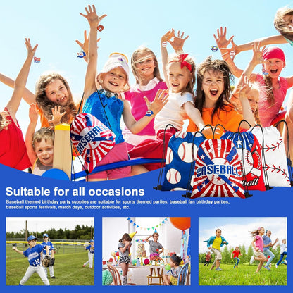 110Pcs Baseball Party Favors Drawstring Bags Baseball Goodie Bag with Mini Ball, Wristband, Slap bracelets, Keychains, Stickers for Baseball Party Supplies