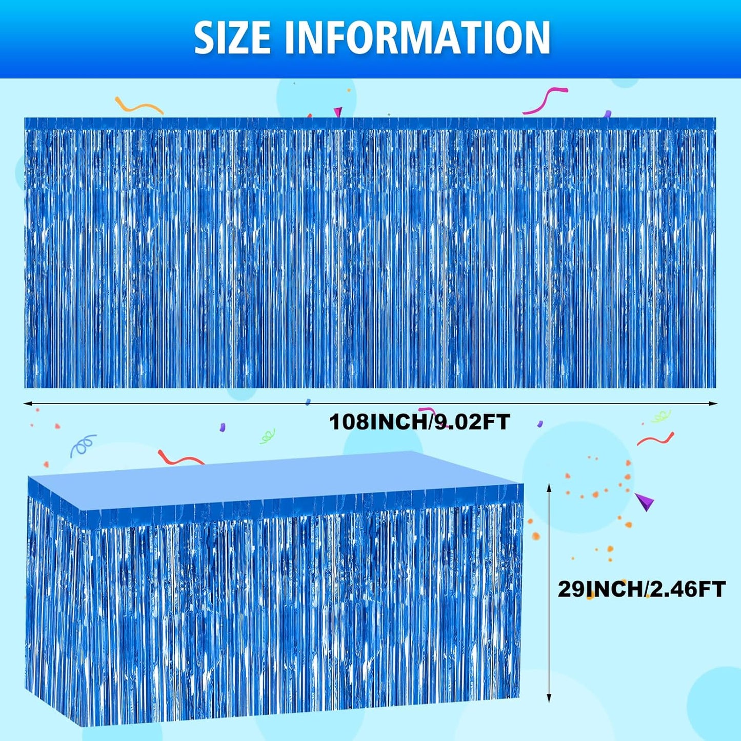 2 Pack 29.5x108 Inch Silver Foil Tinsel Fringe Table Skirts, Disposable Table Skirts for Rectangle Tables Curtains Backdrop Parade Wedding Floats Baby Shower Birthday Mardi Gras Party