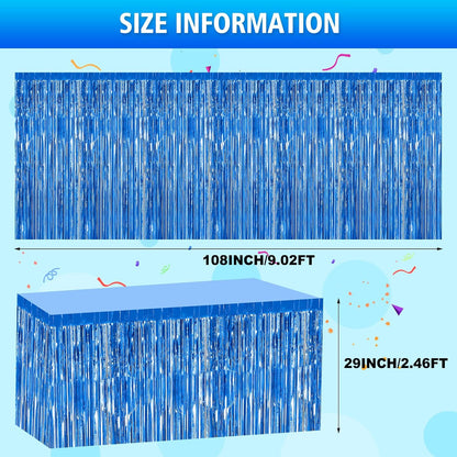 2 Pack 29.5x108 Inch Silver Foil Tinsel Fringe Table Skirts, Disposable Table Skirts for Rectangle Tables Curtains Backdrop Parade Wedding Floats Baby Shower Birthday Mardi Gras Party
