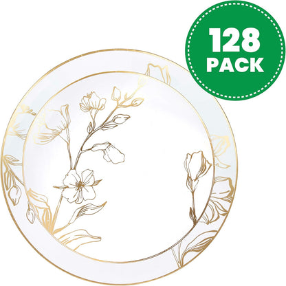 PLASTICPRO [16 OZ 20 Count] White Plastic Floral Design Party Soup bowls With Gold Rim Premium heavyweight Elegant Disposable Tableware Dishes
