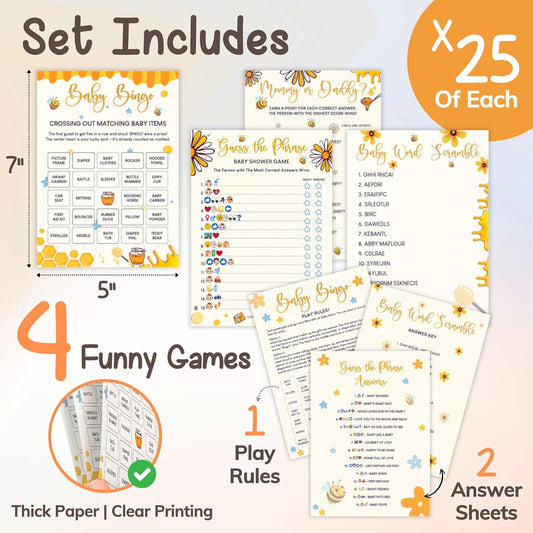 WOODAMORE Winnie Baby Shower Games Boy - Pooh Baby Shower Bingo Cards for 25 Guests, Word Scramble Favors, Guess Who Mommy Or Daddy Game Ideas for Party Decorations