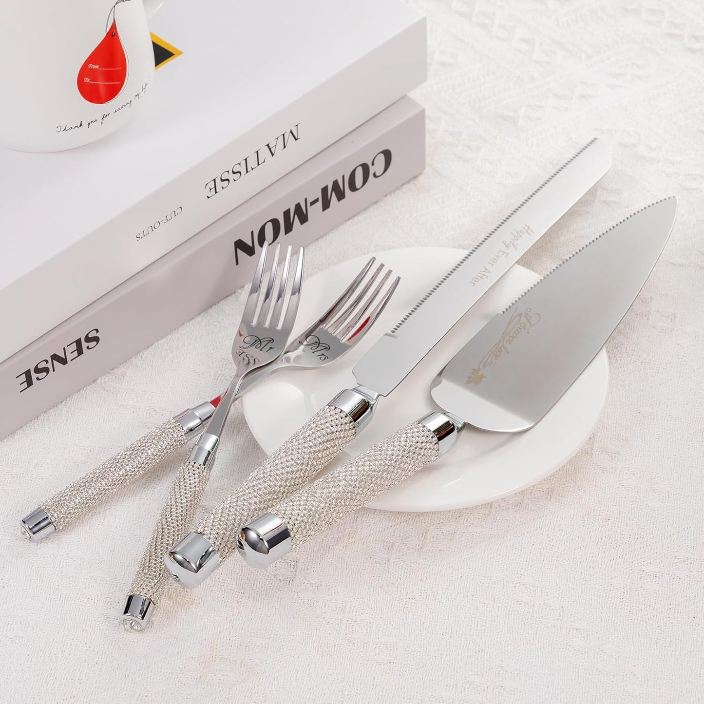 Wedding Cake Cutting Set, Wedding Cake Knife and Server Set with Fork for Mr Mrs for Anniversary Engagement Birthday