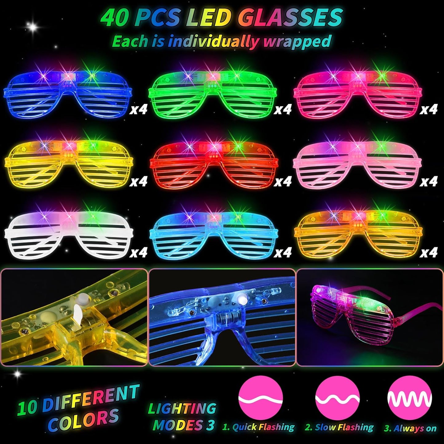 Oleitodh Glow in the Dark Party Supplies Set Bulk Neon Party Favor Toys Includes 30 Led Light up Glasses 10 Color 30 Light up Foam Sticks Bulk for Disco Wedding Birthday Concert Halloween Raves Party
