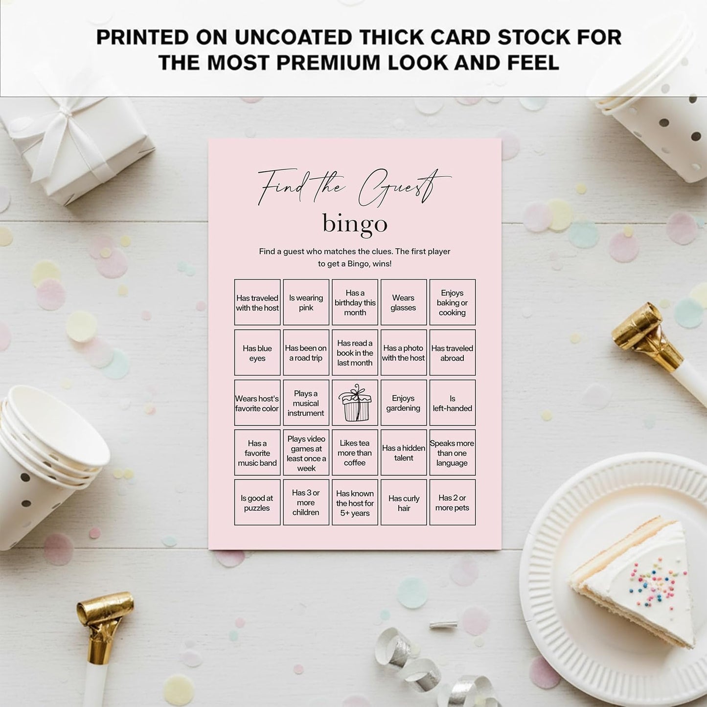 Find The Guest Bingo Cards – 25 Unique Cards, Icebreaker Party Games for Adults, Rustic Blush Pink Mingle Activity for Birthday Parties, Family Reunions, Office Events & Friendsgiving