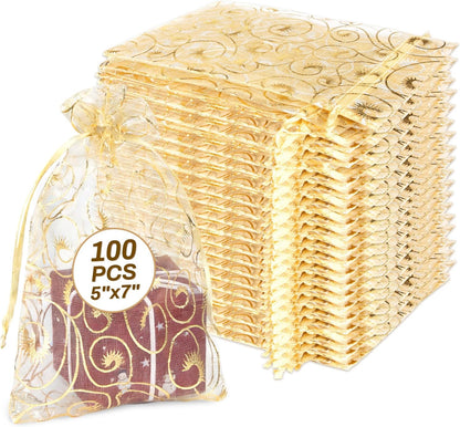 Sukh 100pcs Organza Bags 5''x7'' - White Sheer Mesh Drawstring Bags for Jewelry, Soap, Fruits, Candy, Small Gift Bags for Weddings, Valentine's Day, Mother's Day, Halloween, Thanksgiving, Christmas