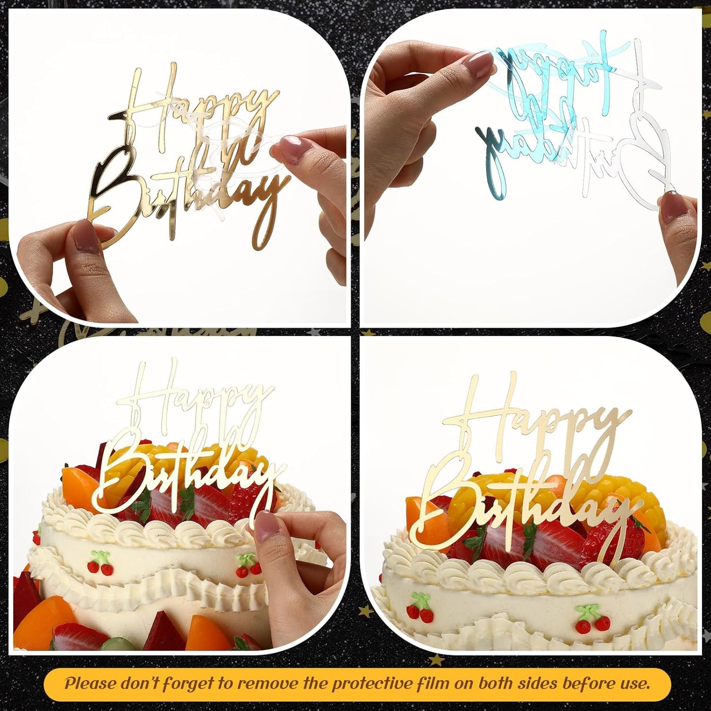 Barydat 24 Pieces Gold Happy Birthday Cake Toppers Mirror Acrylic Cupcake Topper Happy Birthday Sign for Cake Side Cupcake Decorations, 6 Styles