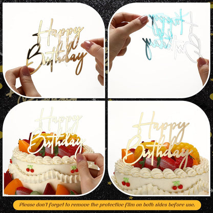 Barydat 24 Pieces Gold Happy Birthday Cake Toppers Mirror Acrylic Cupcake Topper Happy Birthday Sign for Cake Side Cupcake Decorations, 6 Styles