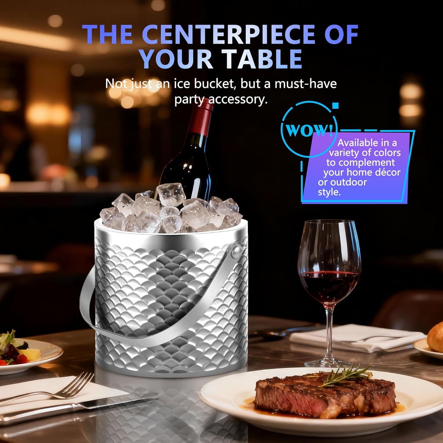 Ice Bucket, Ice Bucket with Silicone Sealing Ring Double-Wall Vacuum Insulation Champagne Buckets with Filter Layer Ice Tongs Ice Scoop (Gold, 3 L)