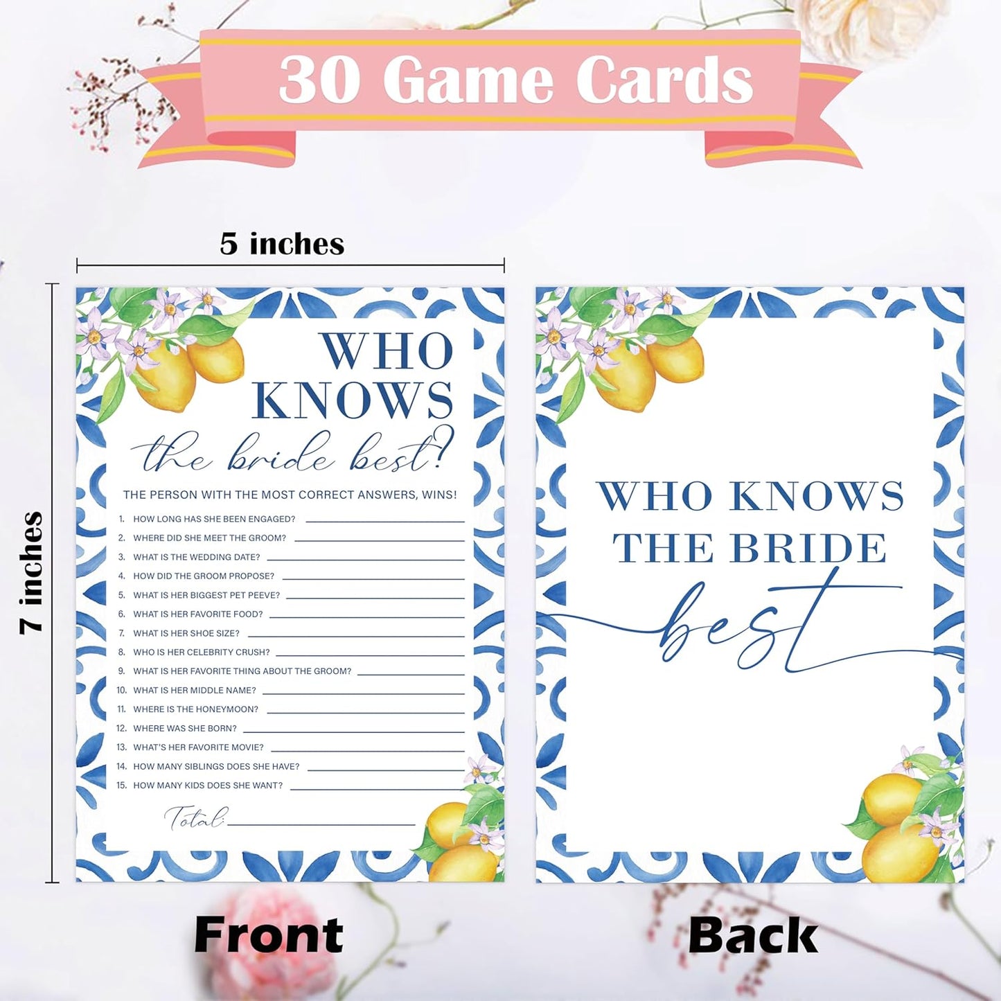 Mediterranean Lemon Bridal Shower Bingo Game with Blank Squares, Pack of 30 Game Cards, Bridal Shower Decorations, Wedding Engagement Decor, Bachelorette Party Supplies - KR30