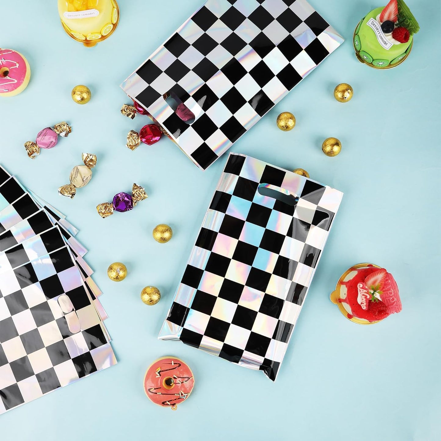 Mikzhskr 30Pcs Race Car Party Favors Bag Goodie bags Racing in Speed Party Decorations Soccer Theme Black and White Checkered Candy Bags with Handles for Kids Race Car Birthday Party Supplies
