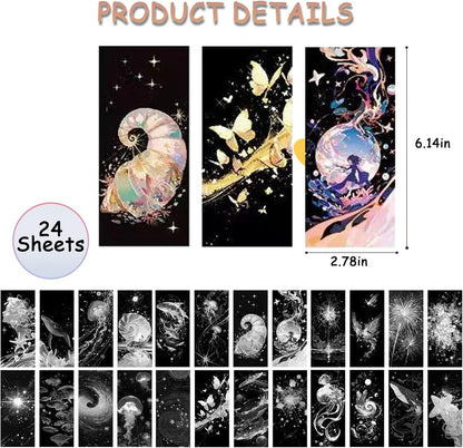 Scratch Art Bookmarks Kit, 24 Sheet Paper with Scratching Tools for DIY Party Favors, Christmas Stocking Stuffers
