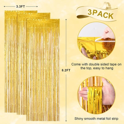 Voircoloria 3 Pack 3.3x8.2 Feet Gold Foil Fringe Backdrop Curtains, Tinsel Streamers, Fringe Backdrop for 2025 New Years Eve, Graduation, Birthday, Baby Shower, Gender Reveal, Disco Party - Colors B