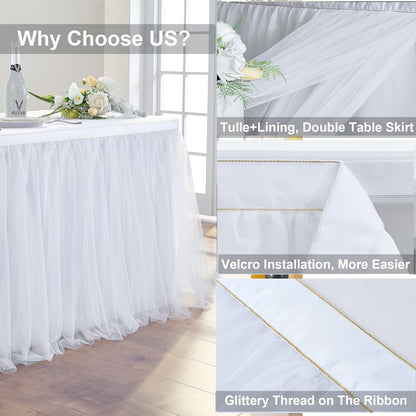 72inch Champagne Gold Tulle Table Skirts for Rectangle Round Tables, Gold Grim Ruffle Tulle Tutu Cloth Table Skirt 6ft for Wedding Birthday Party Cake Dessert Decor(No Top Cover)