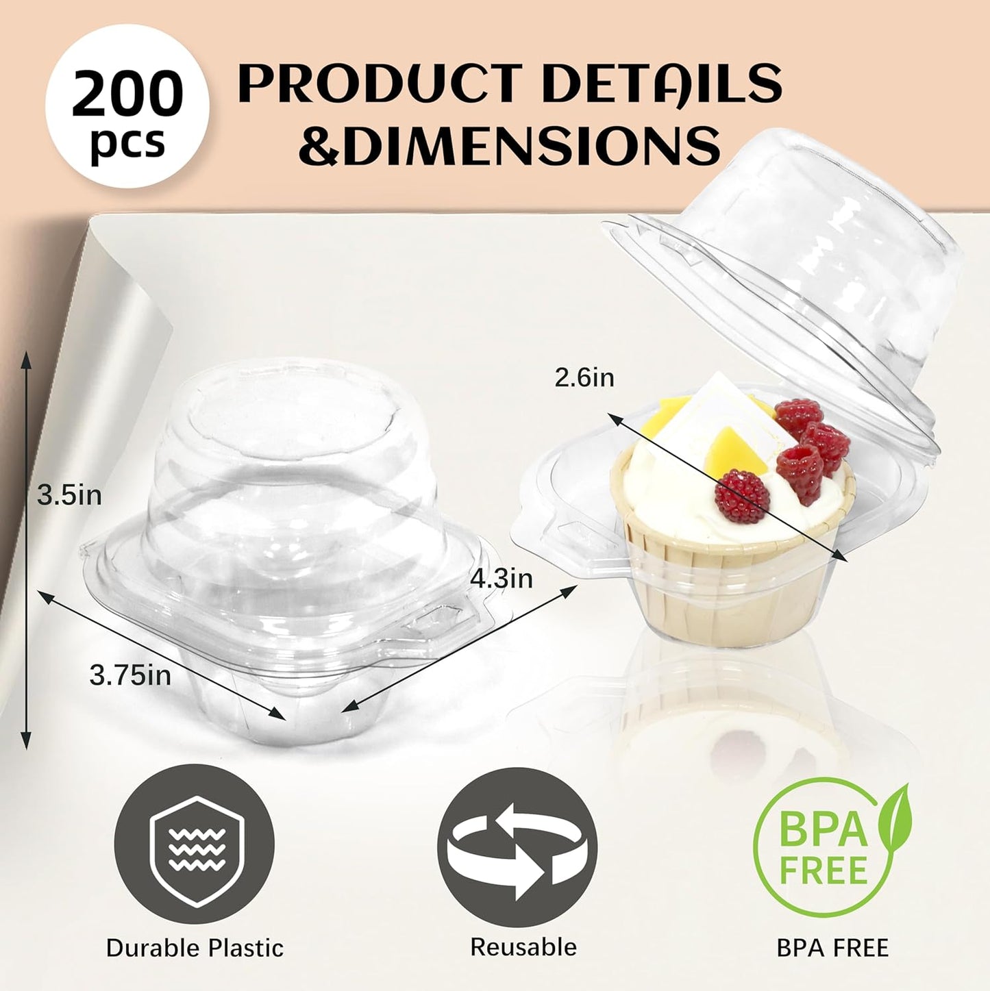 WIKDAY 50 Pack Individual Cupcake Containers, Plastic Cupcake Boxes with Lids, Stackable and Reusable, Clear Design for Cupcakes, Muffins, Donuts, Salad Storage