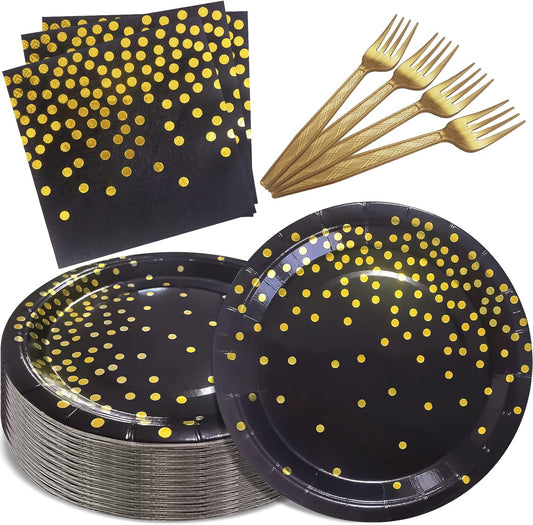 White and Gold Paper Plates Napkins Party Supplies,Disposable Gold Dot Paper Dessert Plates,105 PCS Birthday Plates and Napkins Party Supplies for Wedding(Serves 35 Guests 7")