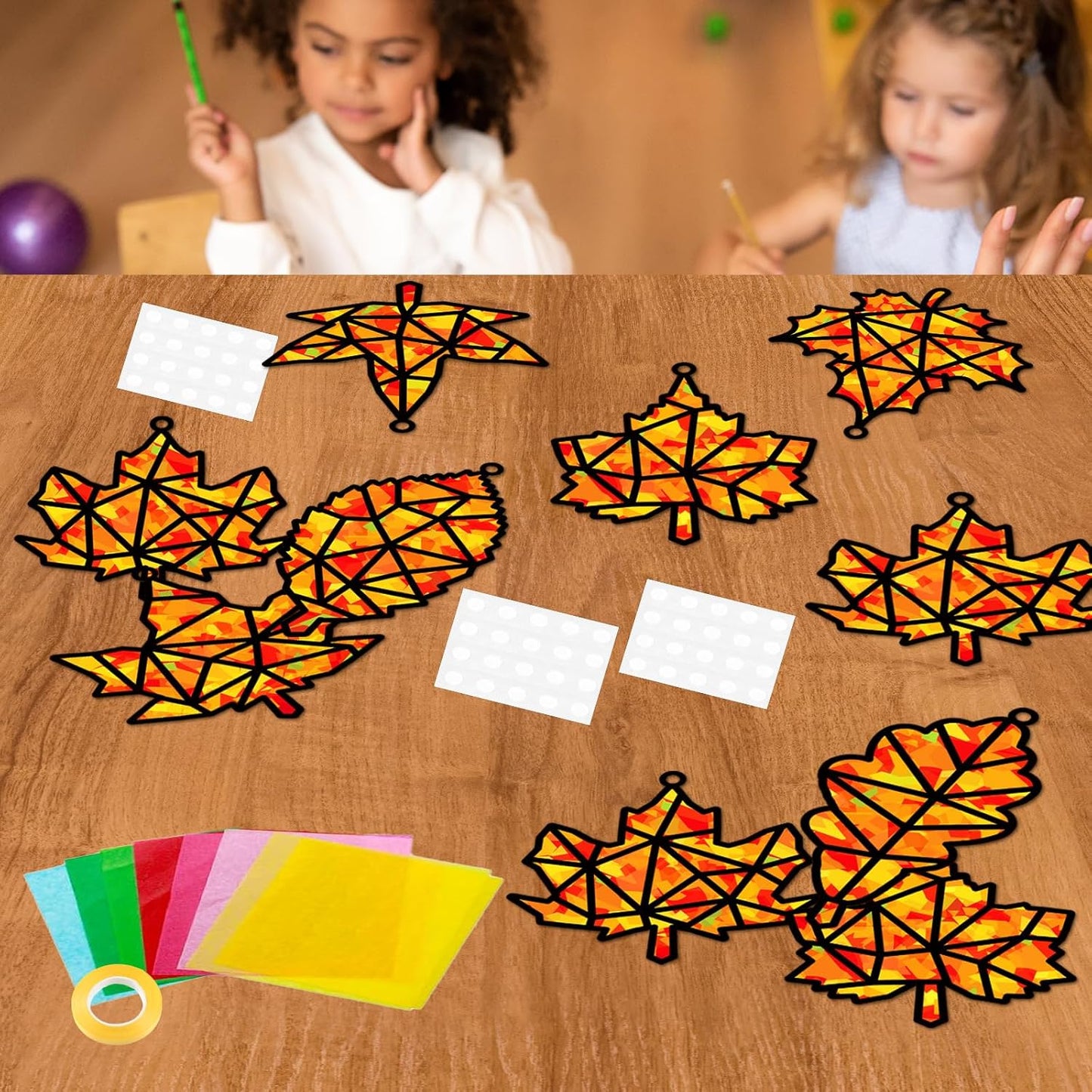 QOUBAI 32 Sets Stars Suncatchers Craft Back to School DIY Stained Glass Window Patriotic 4th of July Paper Craft Home School Classroom Decor Kid Birthday Gift Creative Art Activity Game - Colors B
