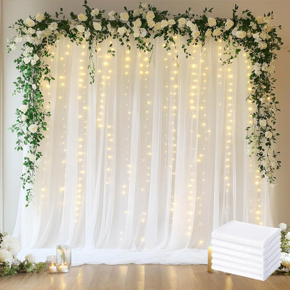 Fomcet Tulle Backdrop Curtains with Lights String White 10FT X 8FT Sheer Curtain with Lights Tulle Curtains Backdrop for Wedding Birthday Party Baby Shower Photo Shoot (2 Panels 5x8FT)