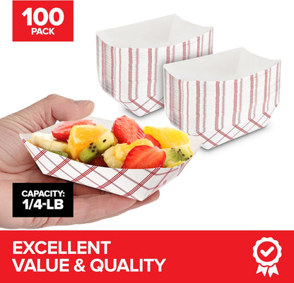 Stock Your Home 100-Pack 3 lb Paper Food Trays – Red & White Checkered Disposable Paper Food Boats, Eco-Friendly Serving Trays for Concessions, Nachos, Snacks & Condiments – 5.75" x 3"