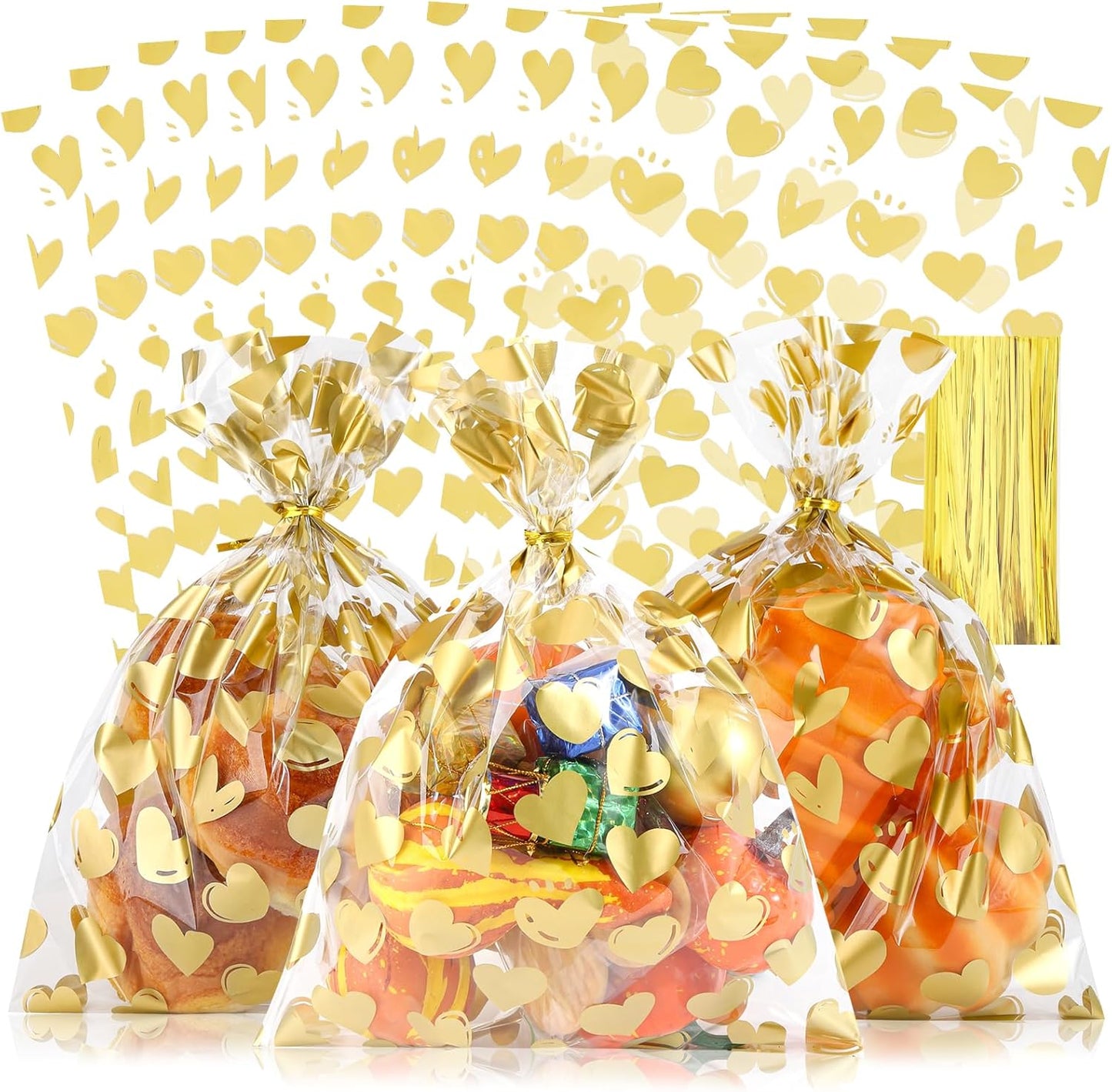 100 Pcs Star Printed 5"X 7" Gift Wrap Cello Cellophane Treat Bags Party Favor bags Clear Candy Cookie Bag Plastic Poly Goodie Storage Bag with Twist Ties for Bakery,Birthday, Wedding ,Party Decorations (Gold)