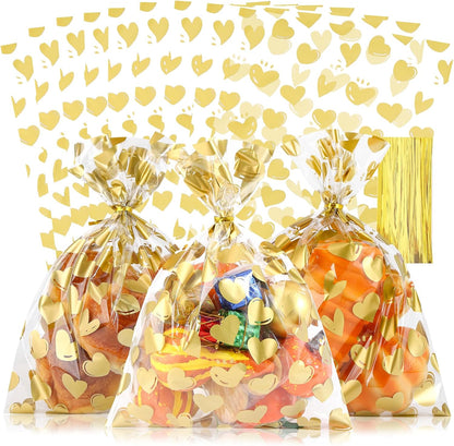 100 Pcs Star Printed 5"X 7" Gift Wrap Cello Cellophane Treat Bags Party Favor bags Clear Candy Cookie Bag Plastic Poly Goodie Storage Bag with Twist Ties for Bakery,Birthday, Wedding ,Party Decorations (Gold)
