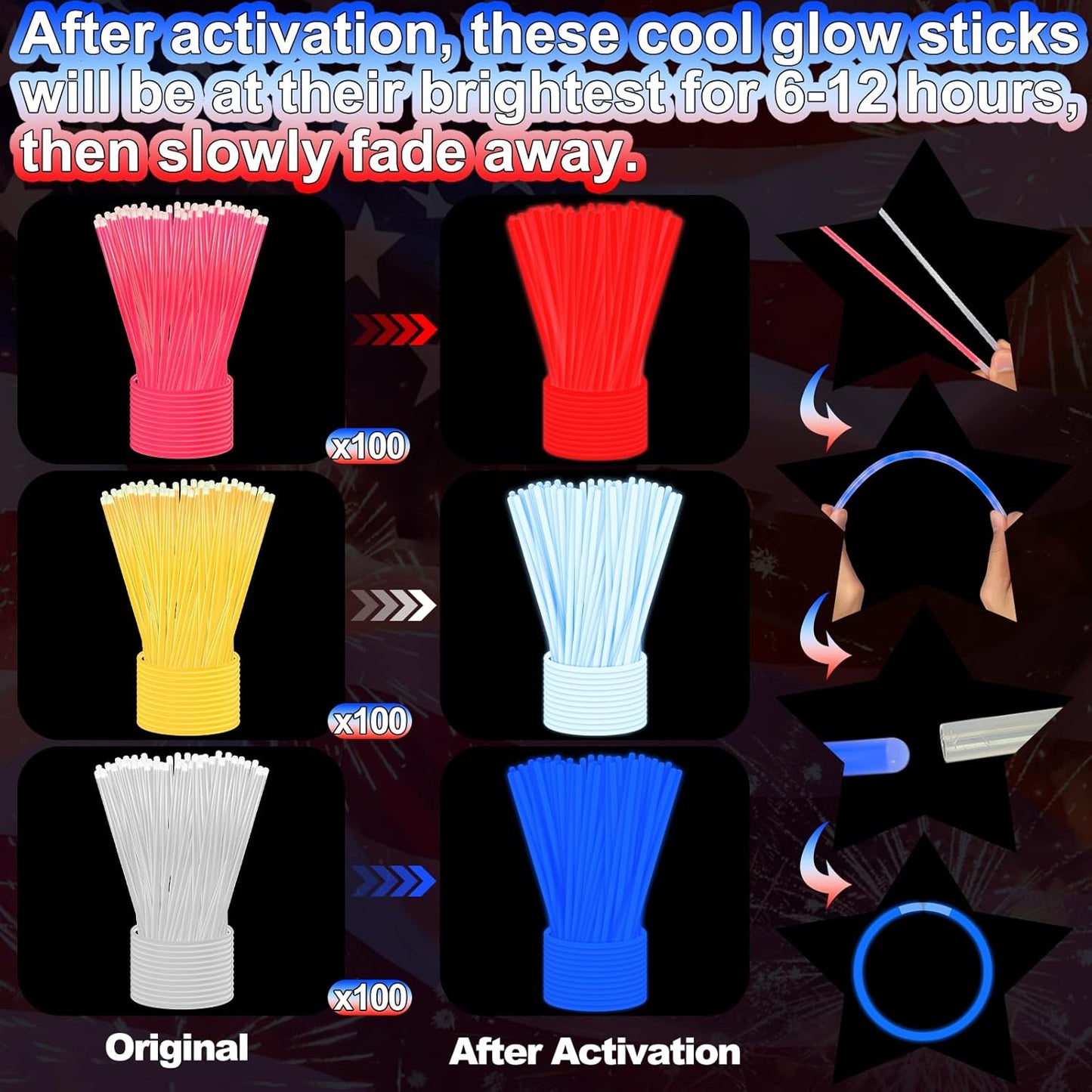 300 Pack 4th of July Glow Sticks Party Favors with Connectors,Patriotic Red White Blue Glow Stick Bracelets Nacklaces Glow in the Dark Party Accessories Memorial Day Decorations,250th Anniversary USA