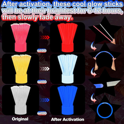 300 Pack 4th of July Glow Sticks Party Favors with Connectors,Patriotic Red White Blue Glow Stick Bracelets Nacklaces Glow in the Dark Party Accessories Memorial Day Decorations,250th Anniversary USA