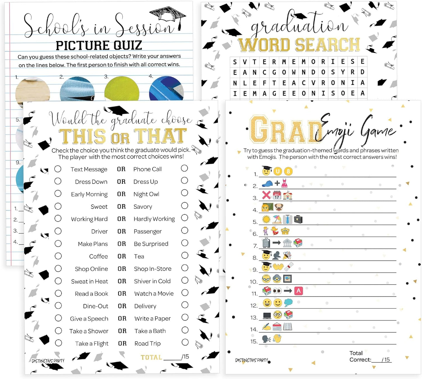 DISTINCTIVS Graduation Party Games, 4 Graduation Games for Parties Class of 2026 - This or that, Emoji, Picture Zoom, Word Search - 25 Guests