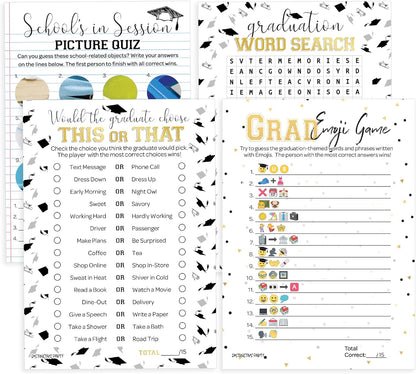 DISTINCTIVS Graduation Party Games, 4 Graduation Games for Parties Class of 2026 - This or that, Emoji, Picture Zoom, Word Search - 25 Guests