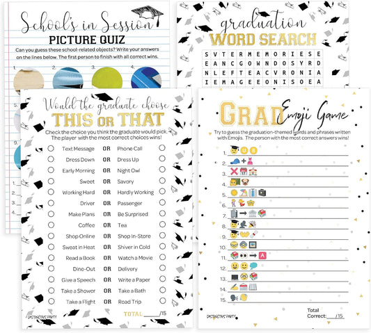 DISTINCTIVS Graduation Party Games, 4 Graduation Games for Parties Class of 2026 - This or that, Emoji, Picture Zoom, Word Search - 25 Guests