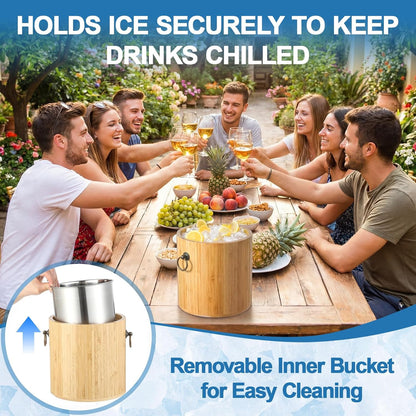 Honeydak 3L Bamboo Ice Bucket with Stainless Steel Interior, Insulated Ice Bucket with Lid & Handles, Includes Scoop & Tongs, for Champagne, Wine, Cocktails, Parties, Bars, Home, Outdoor