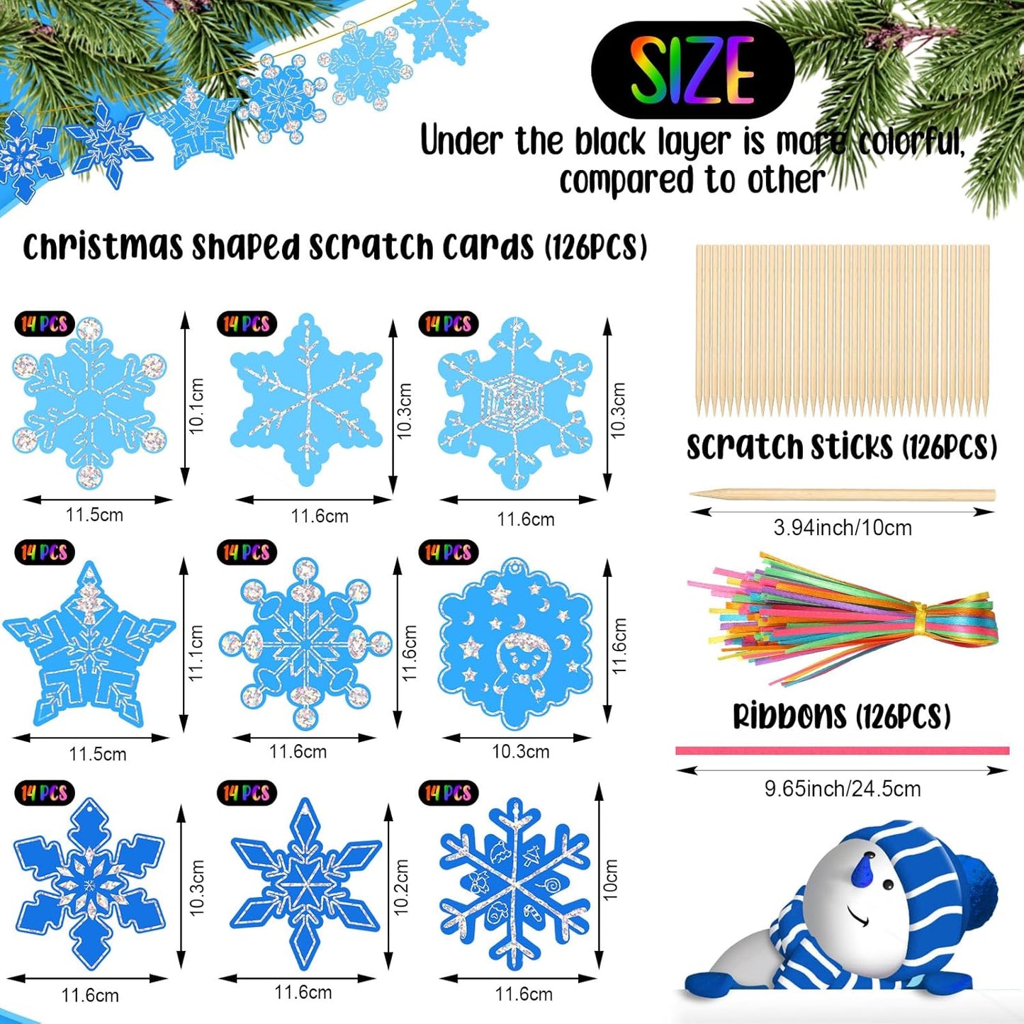 Qilery 126 Pcs Winter Snowflake Scratch Paper Arts Christmas Blue Scratch Ornaments Crafts Kits with Sticks and Ribbon for Winter Christmas Birthday Party Favors DIY Hanging Decoration
