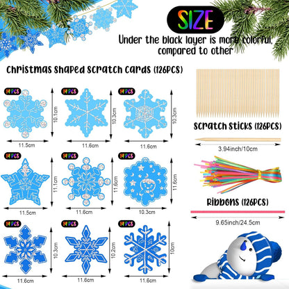 Qilery 126 Pcs Winter Snowflake Scratch Paper Arts Christmas Blue Scratch Ornaments Crafts Kits with Sticks and Ribbon for Winter Christmas Birthday Party Favors DIY Hanging Decoration