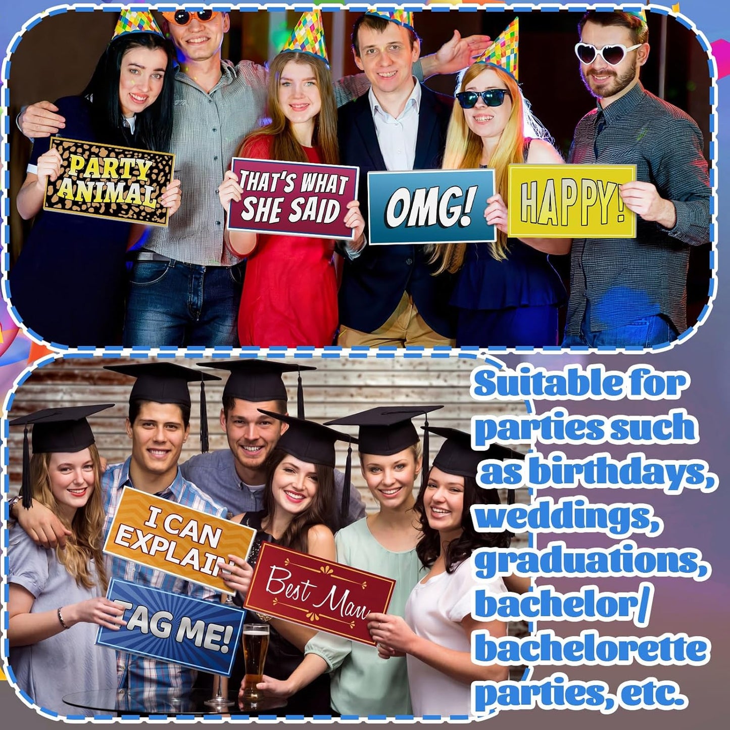 AceOrbit 64 Designs Funny Photo Booth Prop for All Occasion Double Sided 11x5.5'' Photobooth Props Sign Decor DIY Waterproof Selfie Sign for Wedding Graduate Birthday Party Supplies(Classic Style)