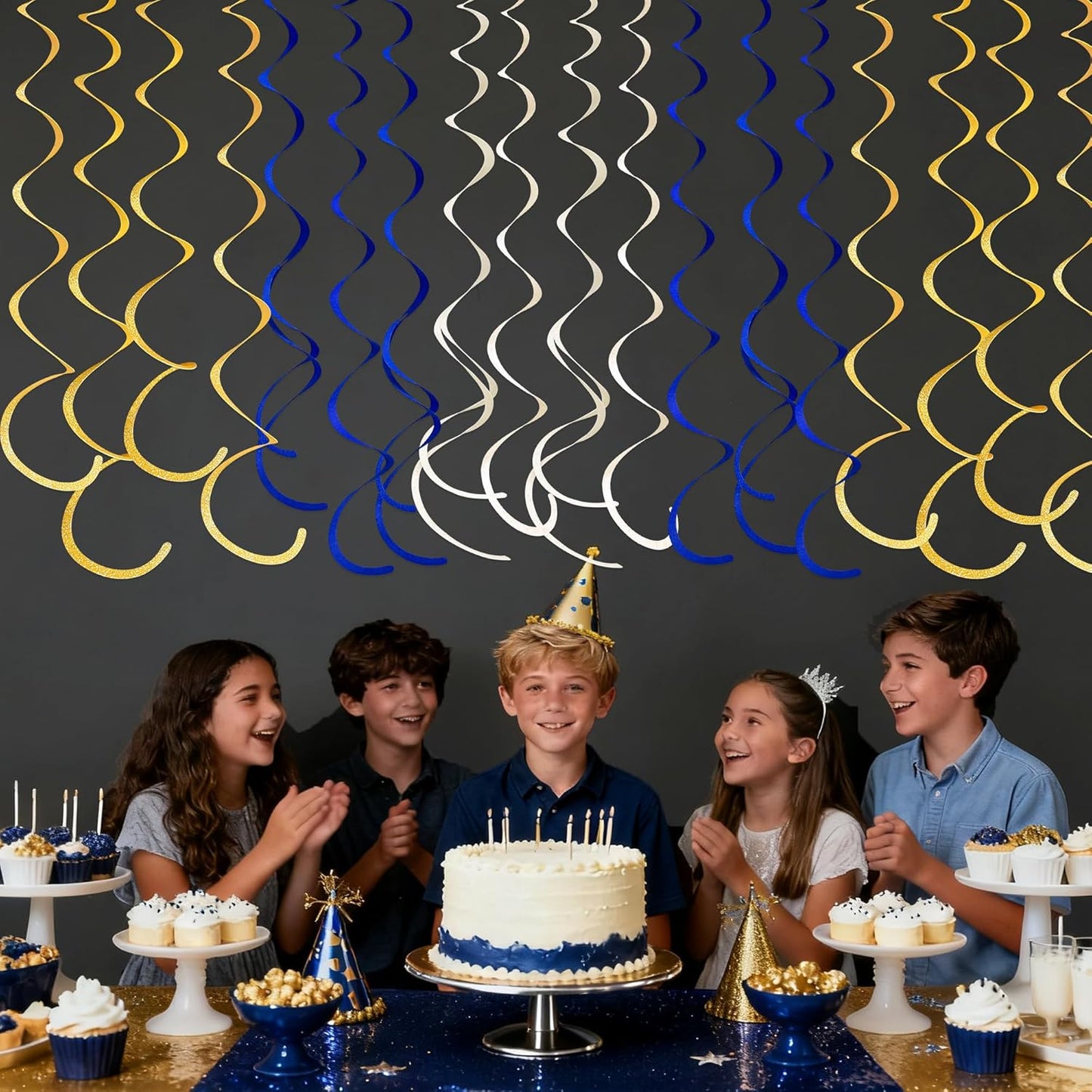 36 Pcs Blue Hanging Swirl Decorations Ombre Royal Blue White Felt Swirl Streamer Spiral Ceiling Garland for Birthday Wedding Baby Shower Graduation Under The Sea Nautical Ahoy Achor Party Supplies