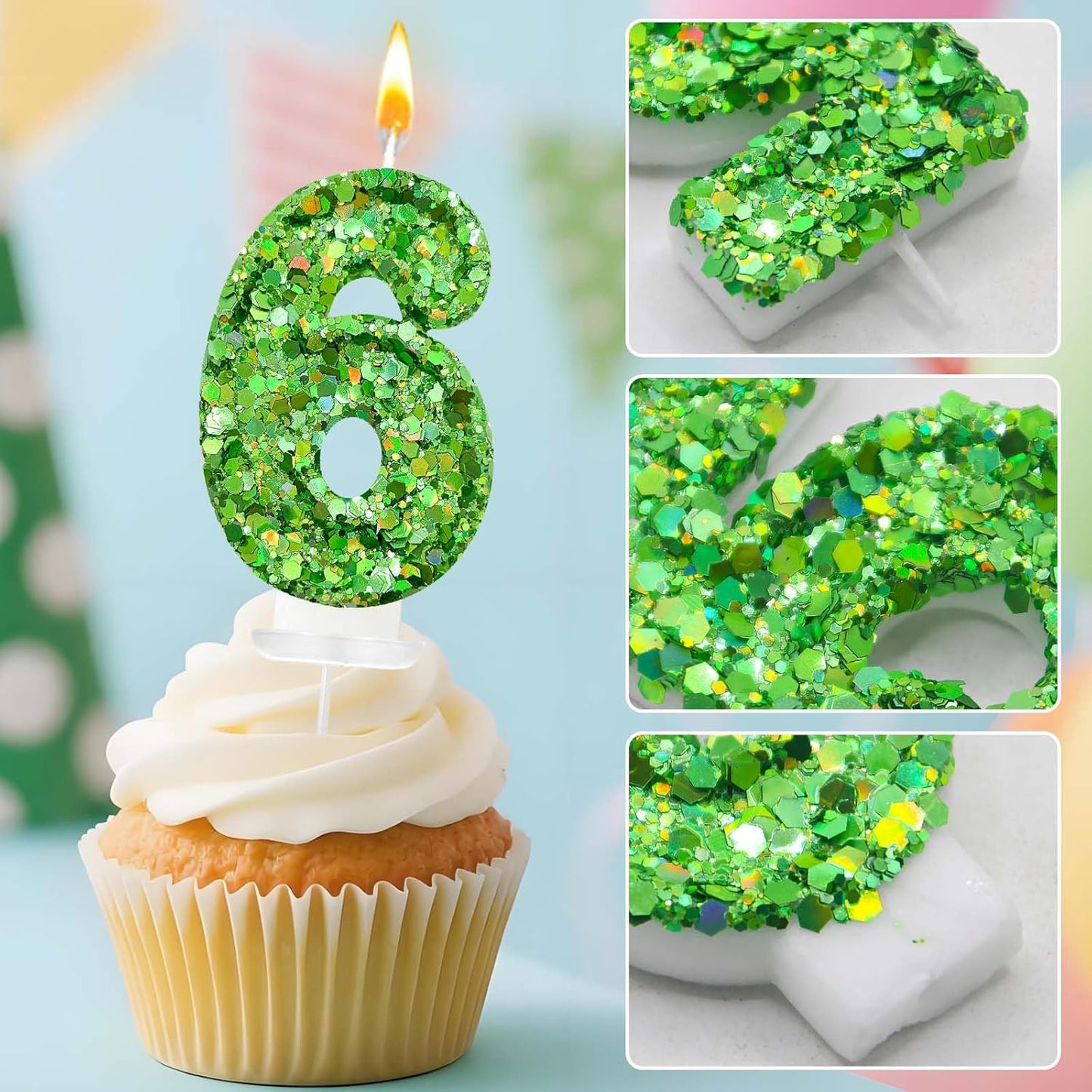 Birthday Number Candles, Glitter Number Candle Cake Decorations with Sequins, Cupcake Decorations for Girls, Women, Party Anniversary Celebrations (Number 6, Purple)