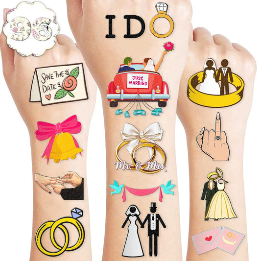 96 PCS Wedding Pre-Cut Temporary Tattoos Birthday Party Decorations Favors Supplies Gold Bridal Ring Diamond Bachelorette Mr & Mrs Engagement Stickers Girls Boys Classroom School Prizes Reward